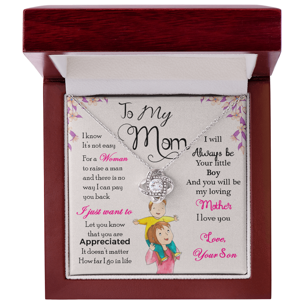 Love Knot Necklace for Mom with sentimental message, featuring premium cubic zirconia in a gift box. Ideal Mother's Day gift.