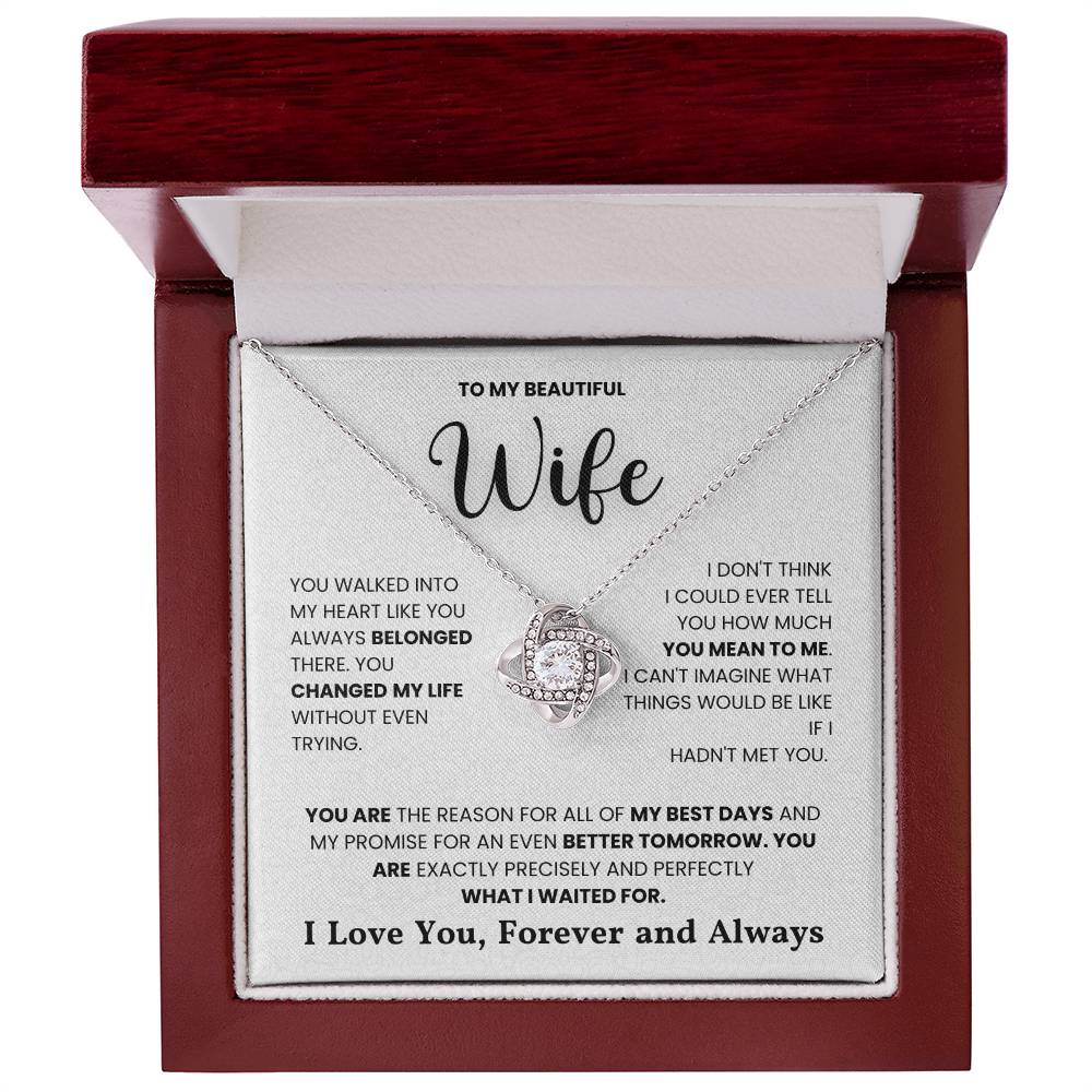 Love Knot Necklace in gift box with sentimental message for wife, embellished with cubic zirconia, symbolizing unbreakable bond.