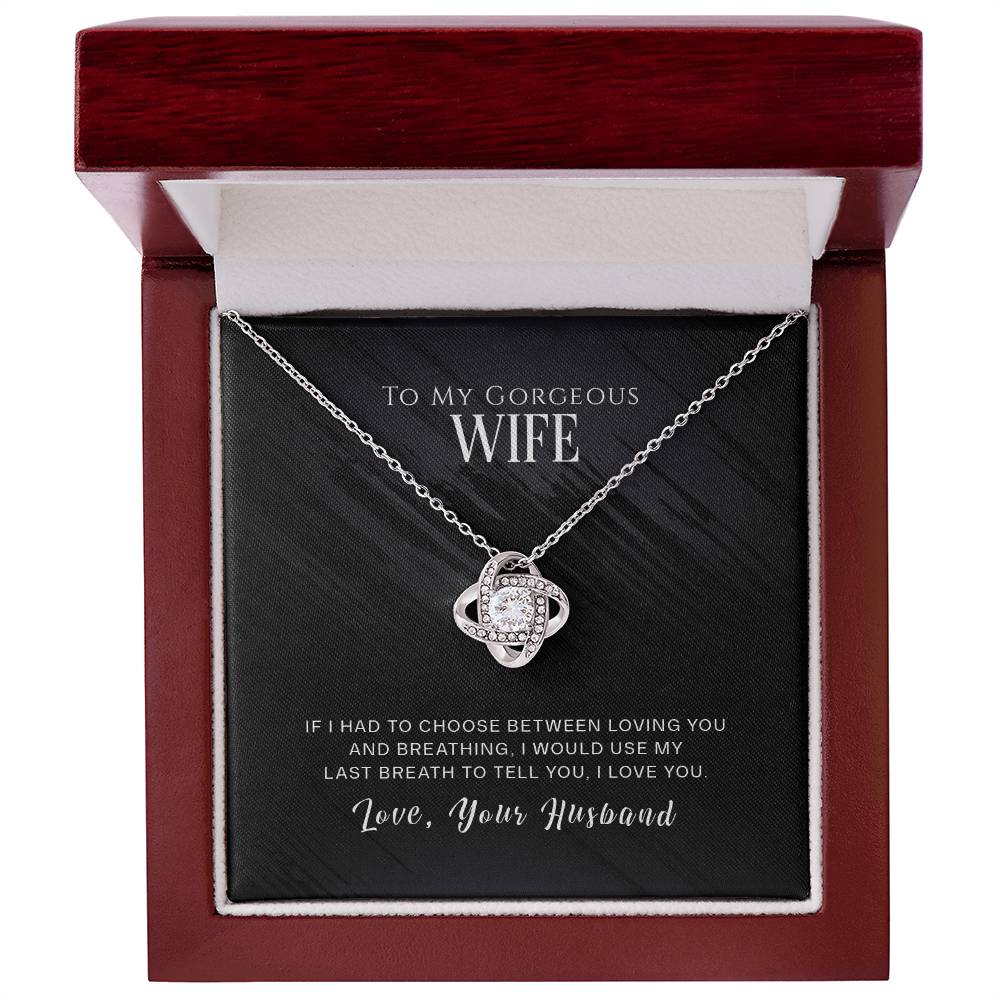 Love Knot Necklace in gift box with romantic message, featuring cubic zirconia and white gold design, perfect gift for wife.