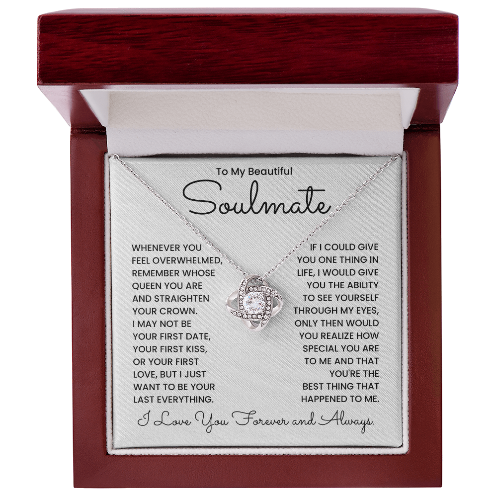 Love Knot Necklace in gift box with romantic message for soulmate, featuring cubic zirconia crystals, perfect Valentine's Day gift.