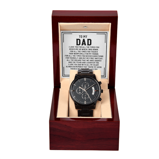 Black chronograph watch in gift box with heartfelt message for Dad, perfect for Father's Day or special occasions, featuring three-dial face.