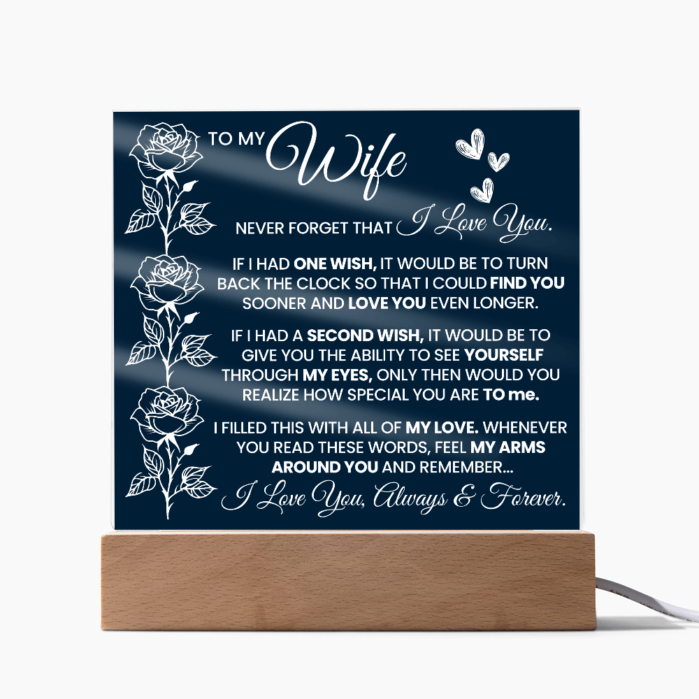 Romantic acrylic plaque gift for wife from husband with love message, rose design, printed on clear acrylic with LED wooden base.