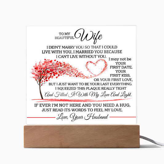 Romantic acrylic plaque gift from husband to wife with love quote, featuring a red heart tree design on LED base, perfect for anniversaries.