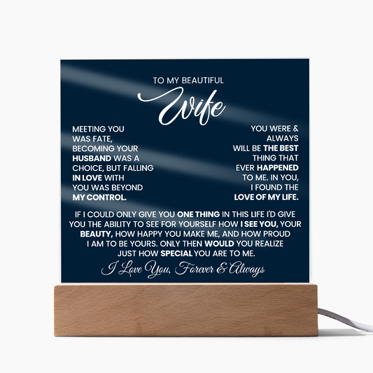 Romantic acrylic plaque for wife with heartfelt love message from husband, featuring LED wooden base.