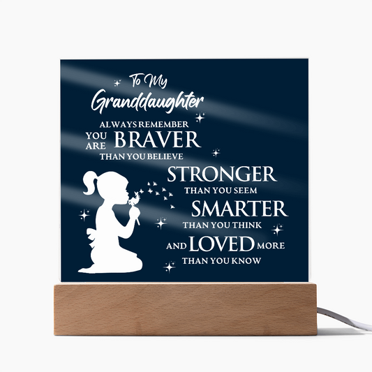 Inspirational acrylic plaque for granddaughter with LED base, featuring bravery and love message, silhouette design.