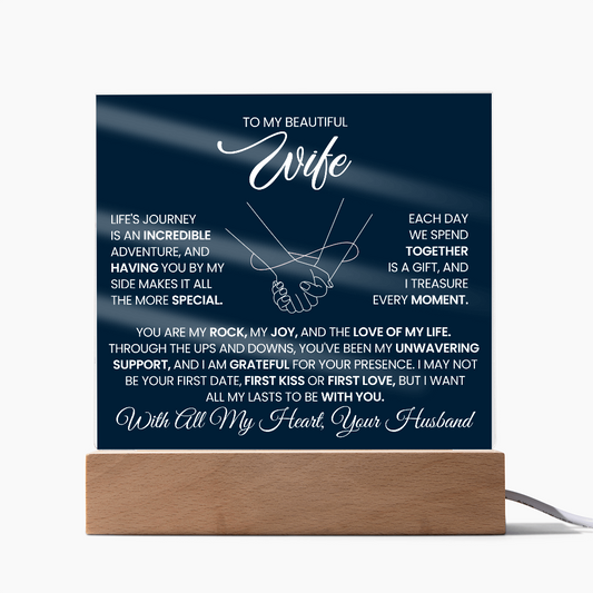 Romantic acrylic plaque for wife with hand-holding line art and love message from husband on wooden base.