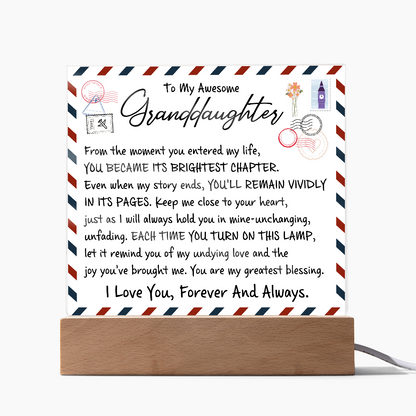 To My Awesome Granddaughter acrylic plaque with love letter design and glowing base, sentimental gift from grandparent