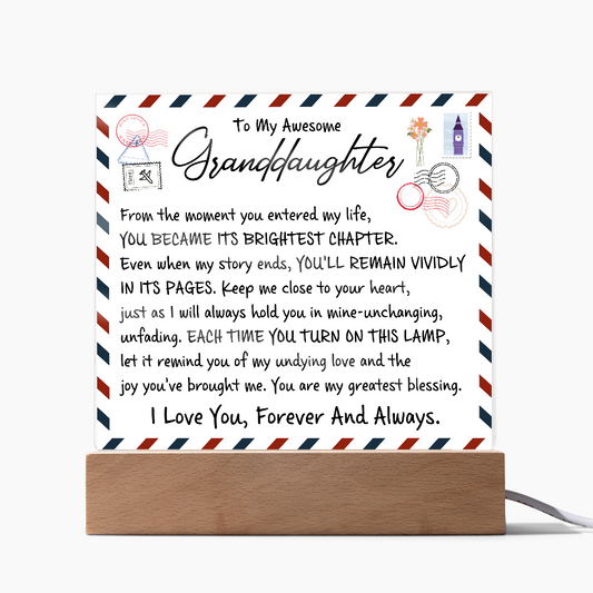 To My Awesome Granddaughter acrylic plaque with love letter design and glowing base, sentimental gift from grandparent