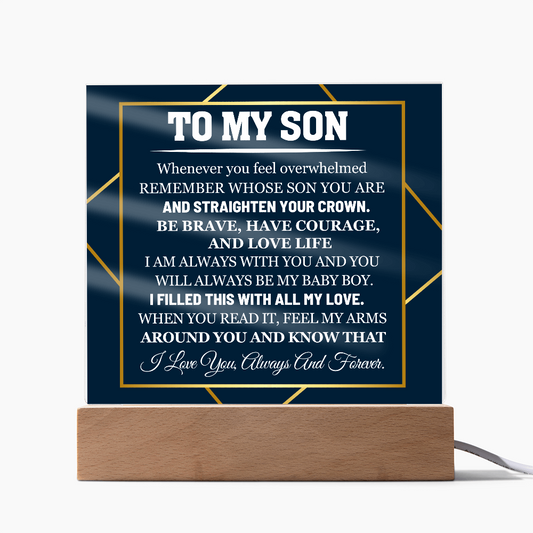 Acrylic plaque with encouraging message from dad to son, featuring LED wooden base for inspirational home decor, gift idea.