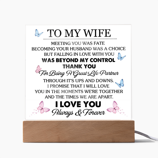 To My Wife acrylic plaque with love message and butterfly design, romantic gift from husband for special occasions.