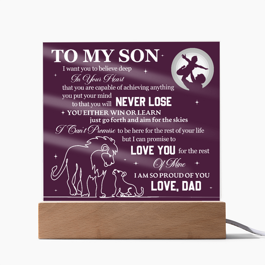 To My Son acrylic plaque with motivational message from Dad, featuring lion and cub design, symbolizing strength and love.