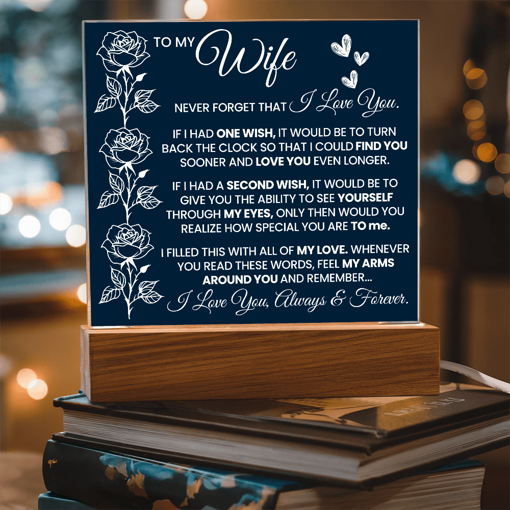 Romantic acrylic plaque gift for wife featuring roses and love message from husband on wooden LED base.