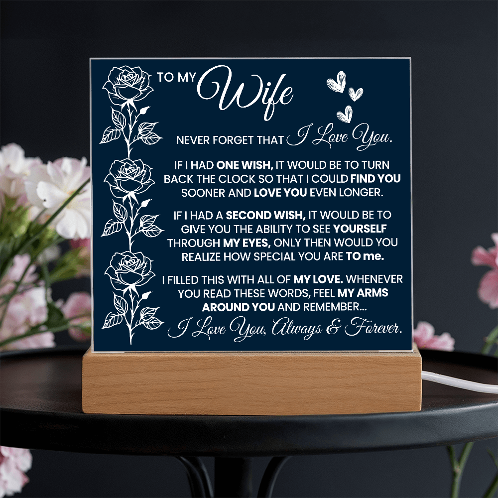 Romantic acrylic plaque gift from husband to wife with rose design and heartfelt love message on wooden base.