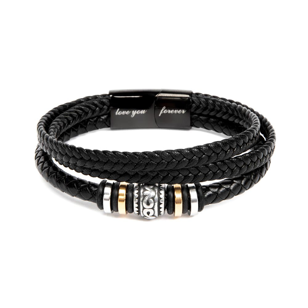 Love You Forever nephew bracelet, black braided leather with engraved message, perfect gift from aunt or uncle, heartfelt keepsake.