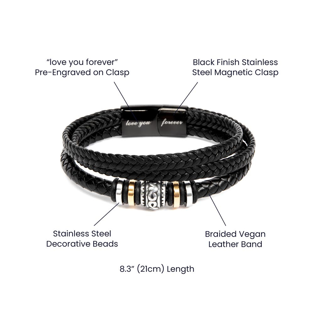 "Love You Forever" nephew bracelet with braided vegan leather, stainless steel beads, and magnetic clasp, 8.3 inches long.
