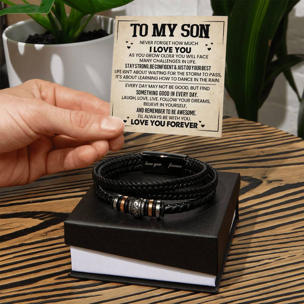 Love You Forever bracelet for son with engraved message card, perfect gift for birthdays, anniversaries, or special occasions.
