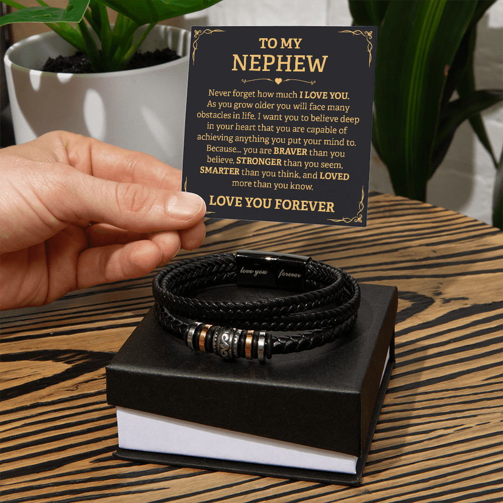 "Love You Forever" Nephew leather bracelet with engraved message and heartfelt card, presented on a gift box, perfect from aunt or uncle.