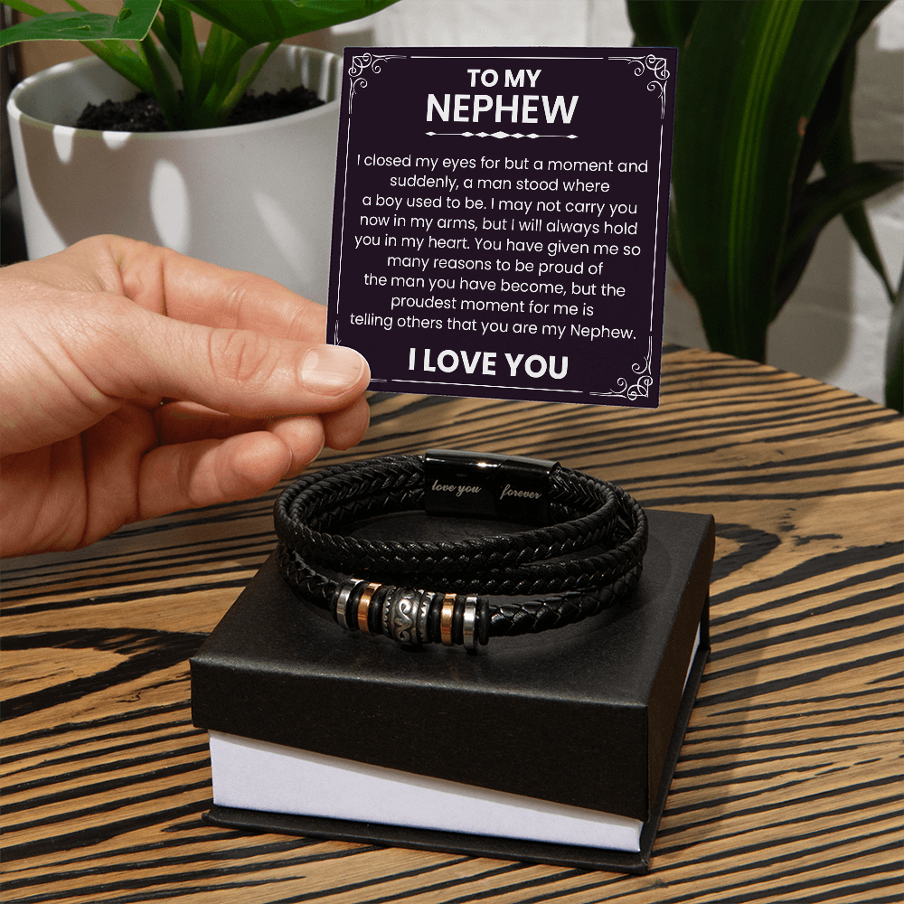 Braided leather nephew bracelet with 'Love You Forever' message plate and message card from aunt or uncle, displayed on box.