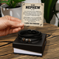 Black leather nephew bracelet with 'Love You Forever' engraving and message card, perfect gift from aunt or uncle to show love.