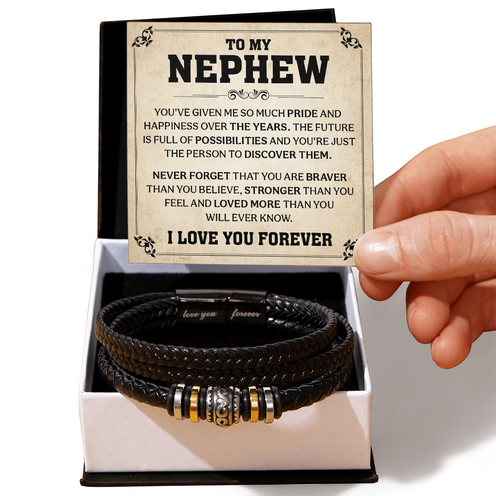 Black leather nephew bracelet with engraved 'Love You Forever' message, shown with inspirational message card from aunt or uncle.