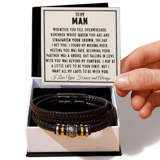 Men's "Love You Forever" bracelet with heartfelt message card in gift box, perfect for birthdays, anniversaries, and special occasions.