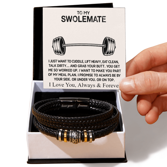 To My Swolemate bracelet box with heartfelt card and black leather bracelet, perfect gift for men on birthdays, anniversaries, or special occasions.