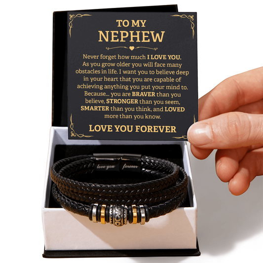 Braided leather nephew bracelet with engraved 'Love You Forever' message and heartfelt card, ideal gift from aunt or uncle.