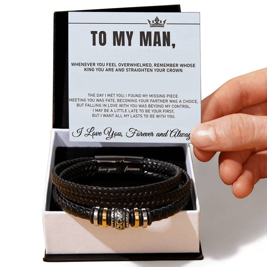 Men's 'Love You Forever' bracelet gift set with heartfelt note, perfect for birthdays or anniversaries. Black bracelet in box.