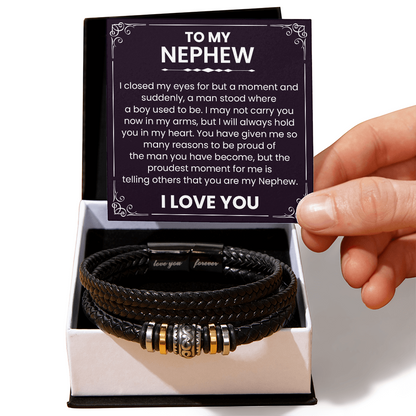 Love You Forever Nephew Bracelet with card, black braided leather, engraved message, gift from aunt or uncle expressing love and pride.