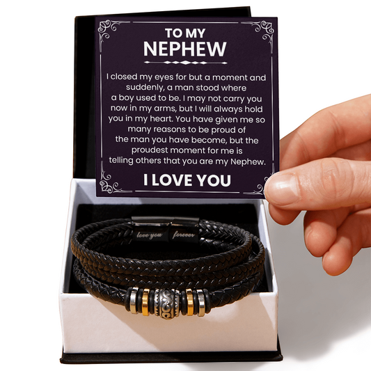 Love You Forever Nephew Bracelet with card, black braided leather, engraved message, gift from aunt or uncle expressing love and pride.