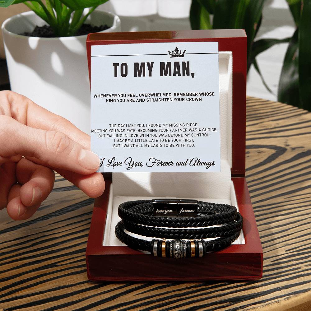 Love You Forever men's bracelet gift set with heartfelt message card in wooden box, perfect for expressing love and appreciation.