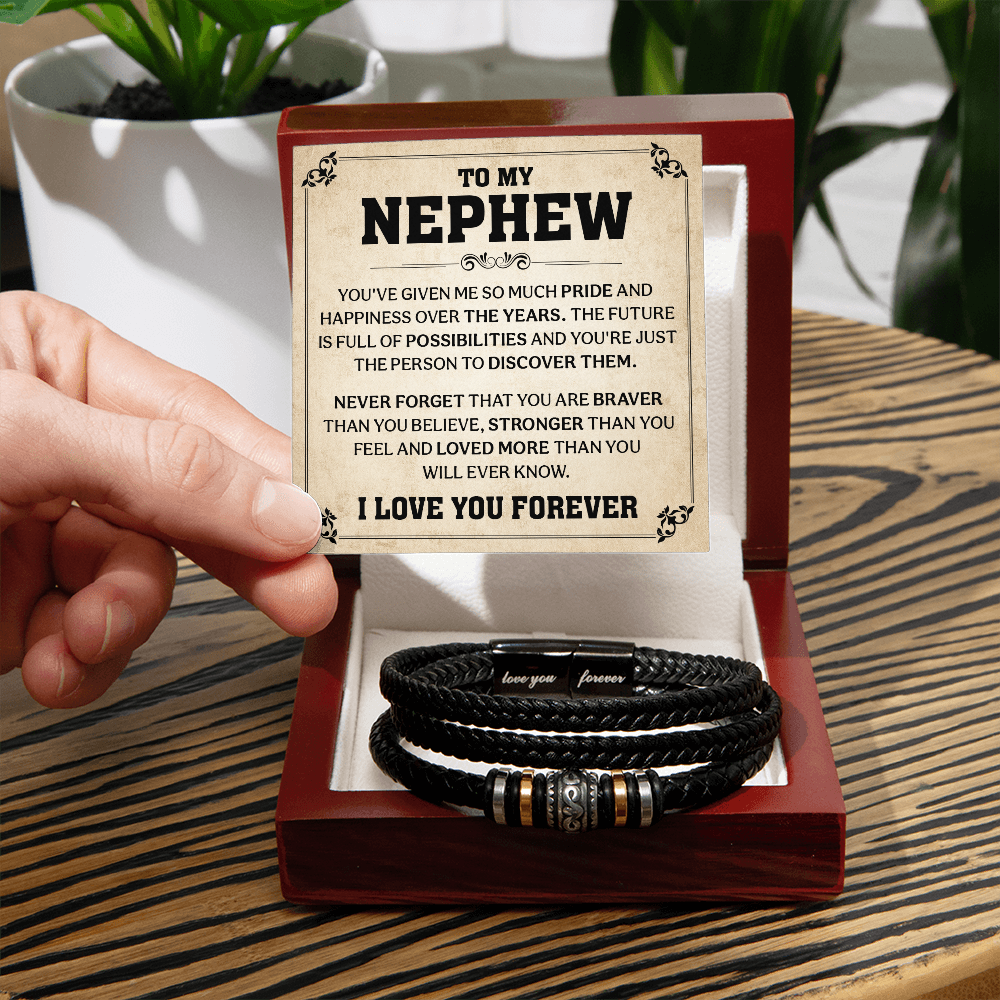 Black leather nephew bracelet with engraved 'Love You Forever' message, gift box, and heartfelt message card from aunt or uncle.