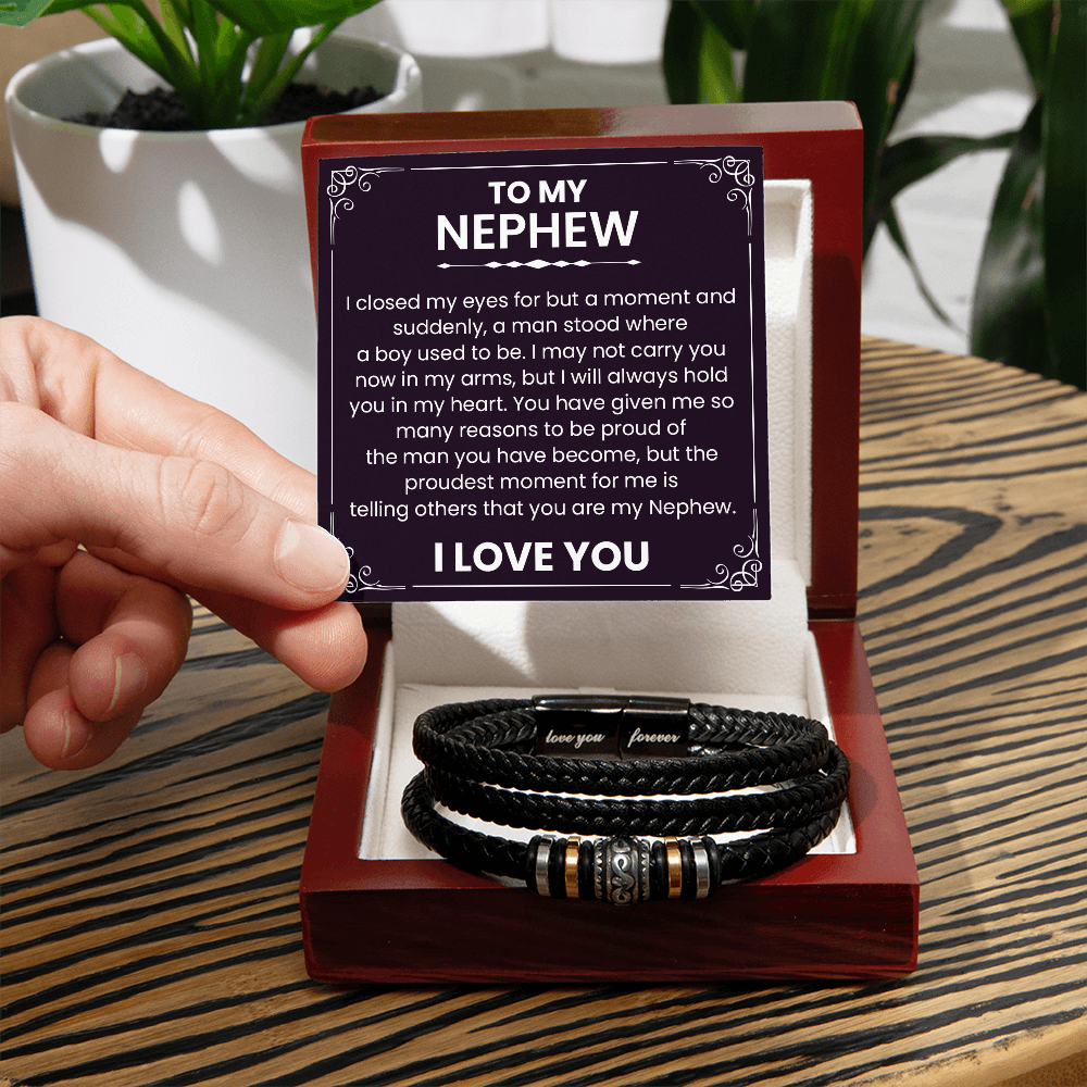 Engraved 'Love You Forever' nephew bracelet in black leather with message card in gift box from aunt or uncle.