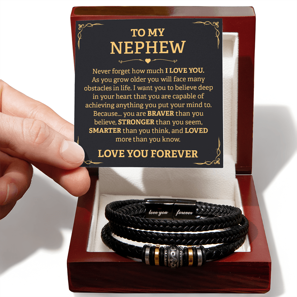 Love You Forever Nephew Bracelet with braided leather band and engraved message plate, presented in a gift box with heartfelt card.