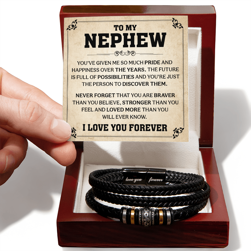 Gift box with Love You Forever nephew bracelet and message card, featuring engraved braided leather band, perfect gift from aunt or uncle.