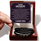 Braided black leather nephew bracelet with engraved 'Love You Forever' plate, in gift box with heartfelt message card.