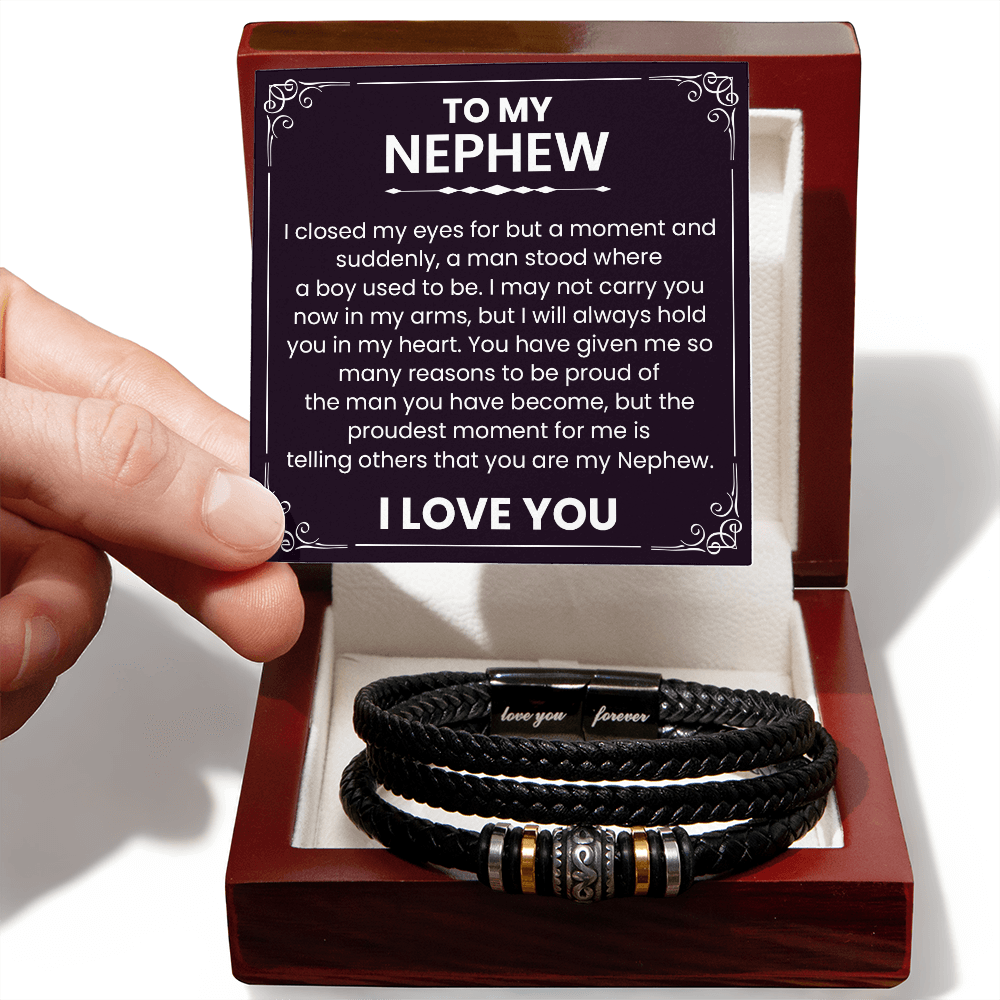 Braided black leather nephew bracelet with engraved 'Love You Forever' plate, in gift box with heartfelt message card.
