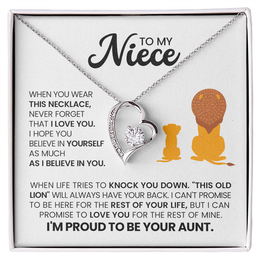 Forever Love Necklace for Niece with Heart Pendant and Lion Cub Message Card from Aunt
