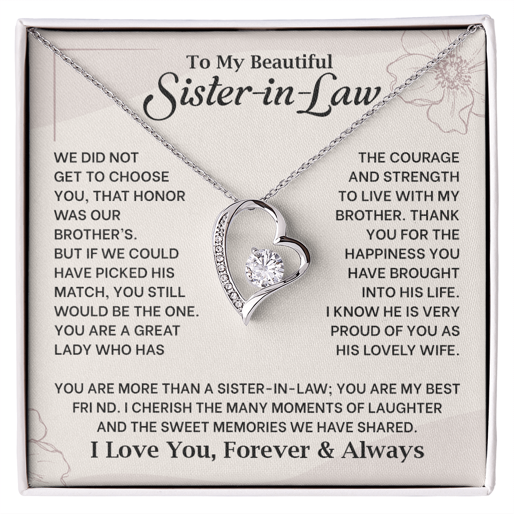 Forever Love Necklace for Sister-in-Law with heartfelt message, perfect for birthday or wedding gift from husband's sibling.