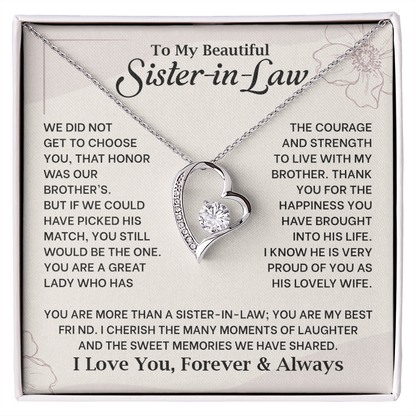 Forever Love Necklace for Sister-in-Law with heartfelt message, perfect for birthday or wedding gift from husband's sibling.
