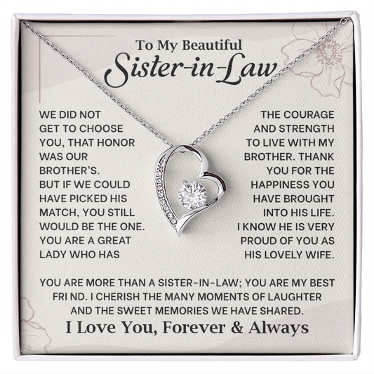 Forever Love Necklace for Sister-in-Law with heartfelt message, perfect for birthday or wedding gift from husband's sibling.