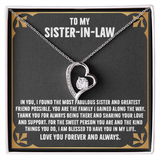 Forever Love Necklace with interlocking hearts on message card for sister-in-law, a thoughtful gift for appreciation and birthdays.
