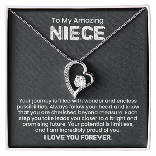 Forever Love Necklace for Niece with heart pendant and message card, ideal encouragement gift from aunt or uncle.