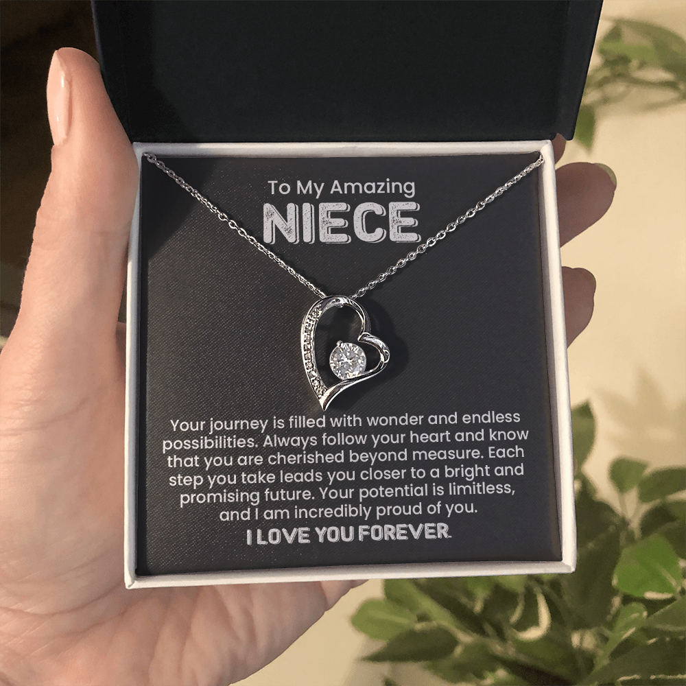 Forever Love Necklace for Niece with heart-shaped pendant and inspiring message, perfect encouragement gift from aunt or uncle.