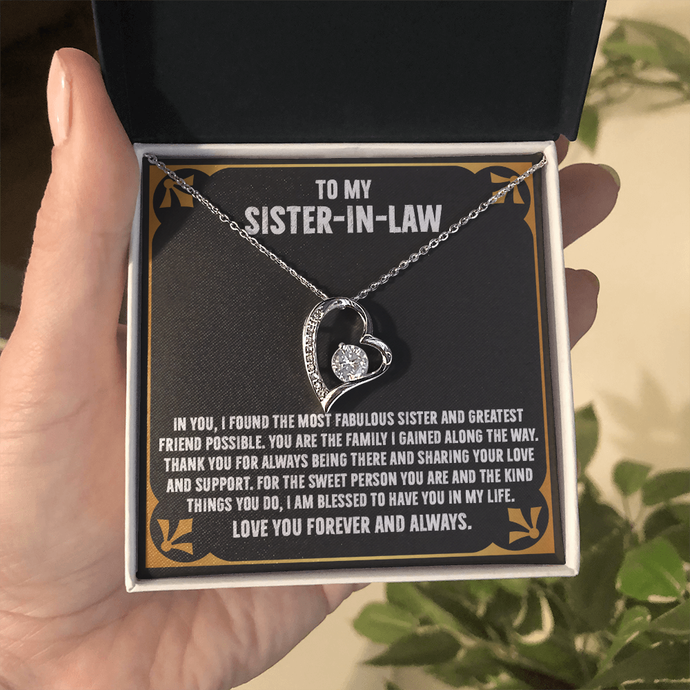 Forever Love Necklace with Interlocking Hearts for Sister-in-Law, featuring heartfelt message on card in box.