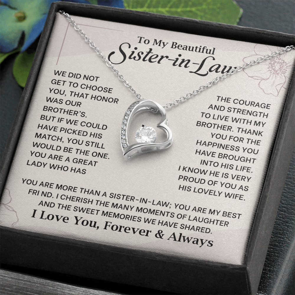 Forever Love Necklace gift box with heartfelt message for sister-in-law from husband's sibling, featuring heart-shaped pendant.