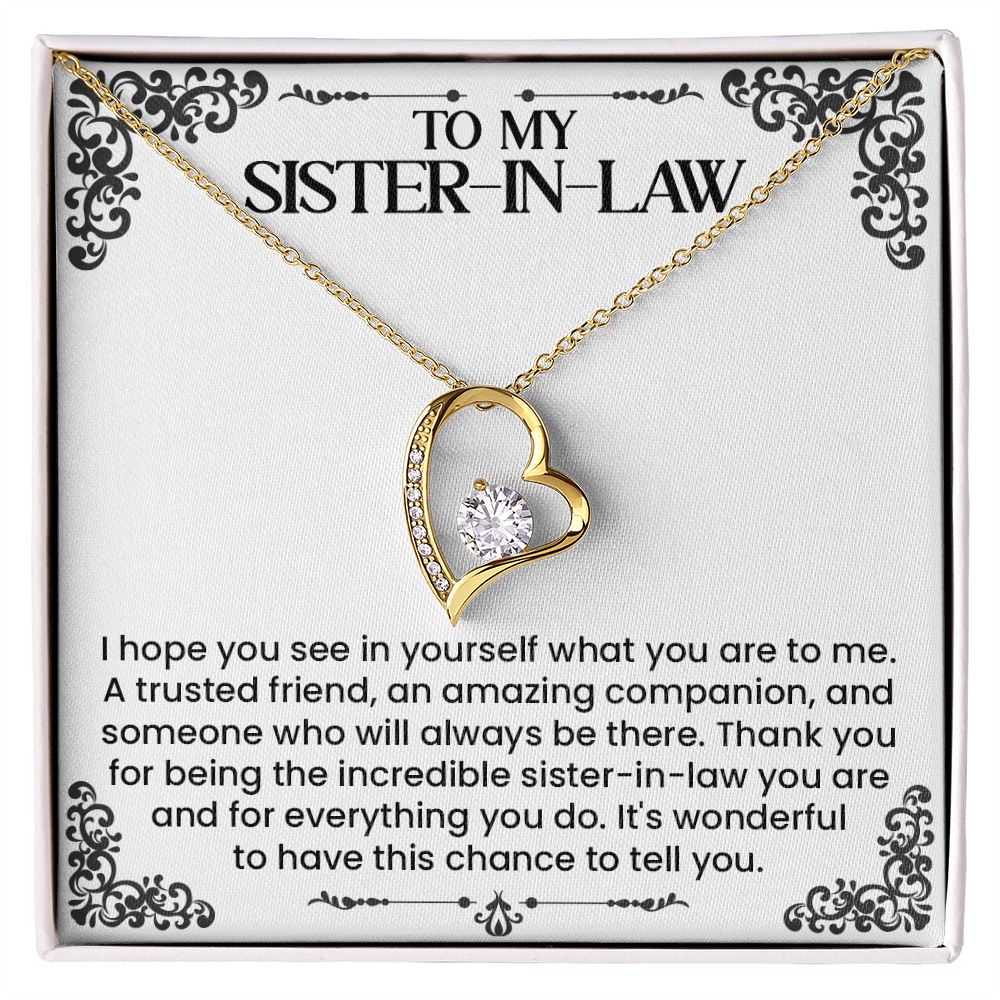 Forever Love Necklace for Sister-in-Law with heartfelt message in elegant jewelry box, perfect gift for birthdays, holidays, appreciation.