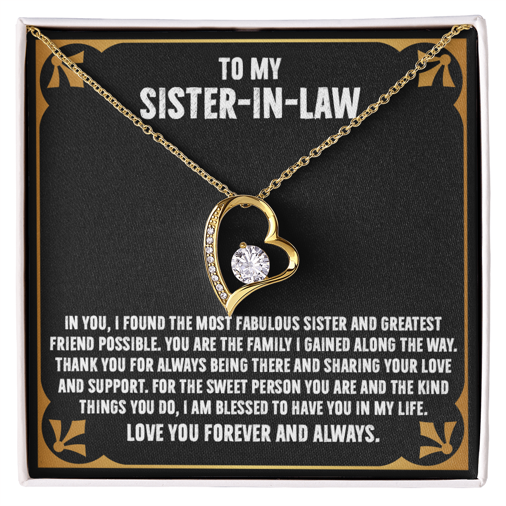 Gold heart necklace gift for sister-in-law with touching message card, perfect for birthday or appreciation from family.