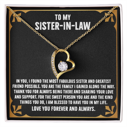 Gold heart necklace gift for sister-in-law with touching message card, perfect for birthday or appreciation from family.