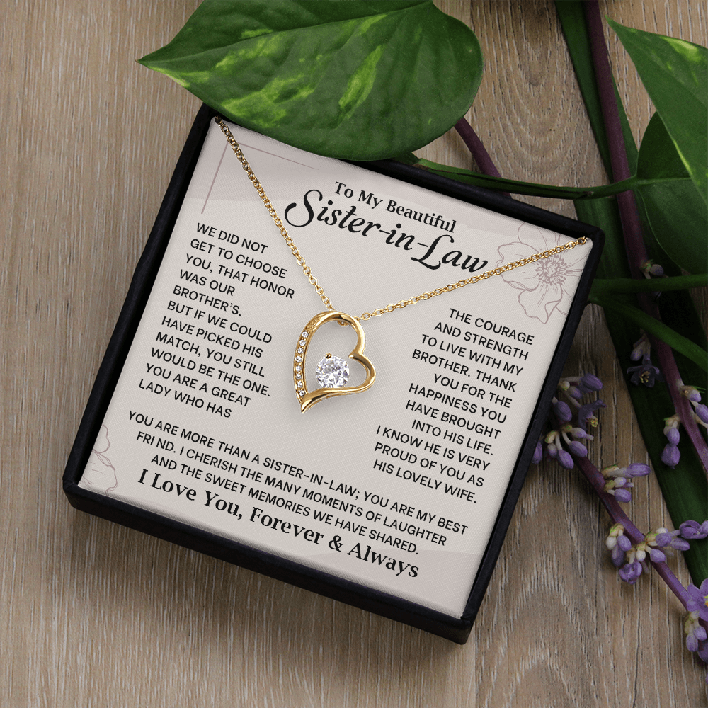 Elegant Forever Love Necklace for sister-in-law with heartfelt message in box, perfect birthday or wedding gift from husband's sibling.